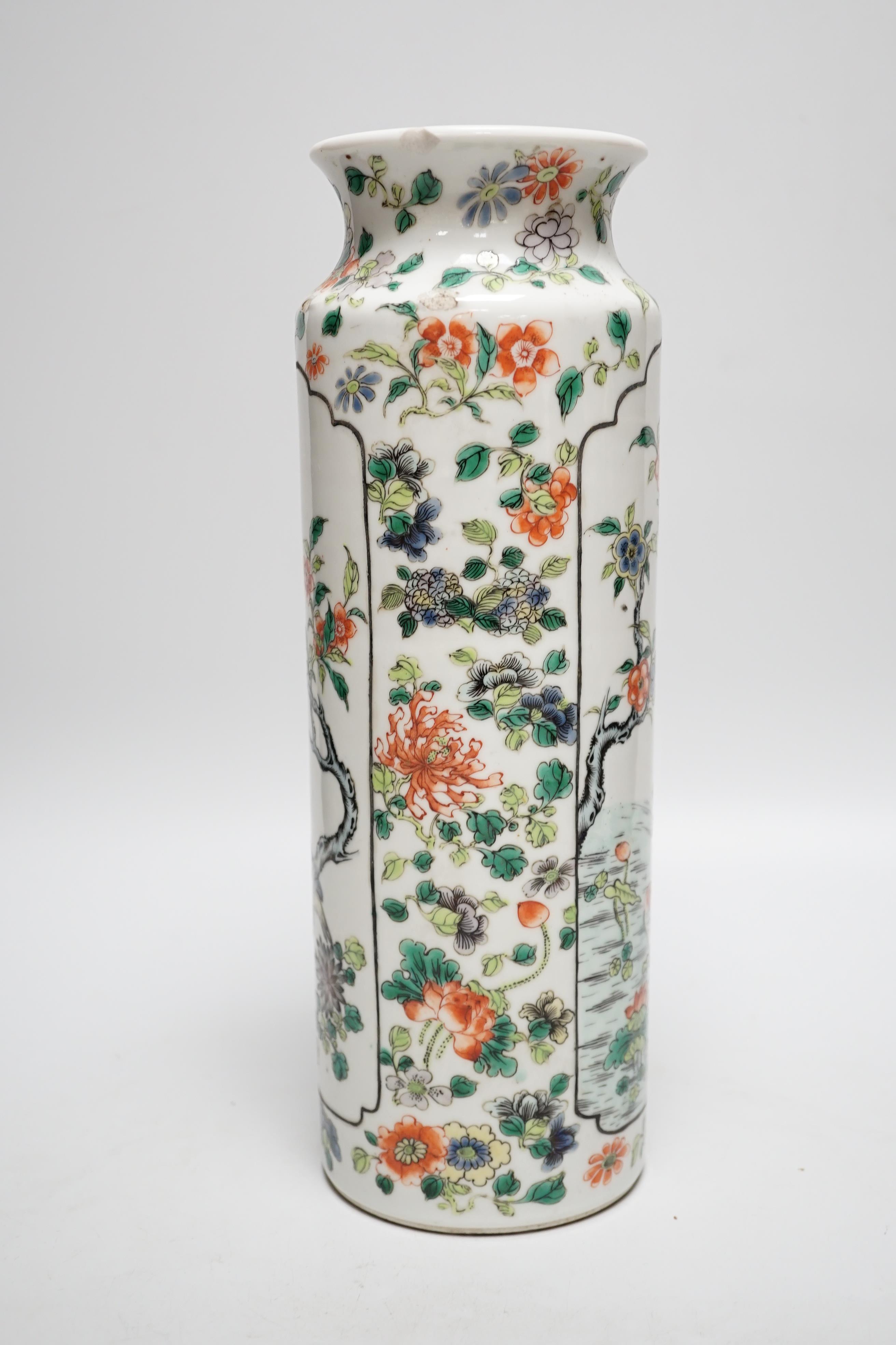 Early 20th century Chinese sleeve vase hand painted in the famille verte palette with birds and flowers, 30cm high